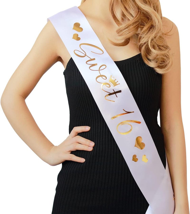Docooniver Sweet 16 Sash for Girls,16th Birthday Sash White with Gold Foil Lettering. - Image 1